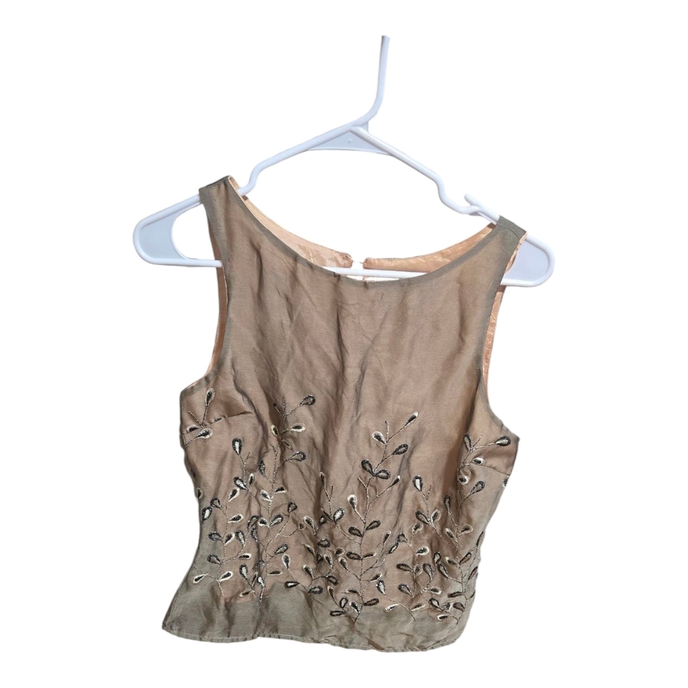 Embroidered Tan Sleeveless Top Feminine Fitted Structured Size M  Y2K
